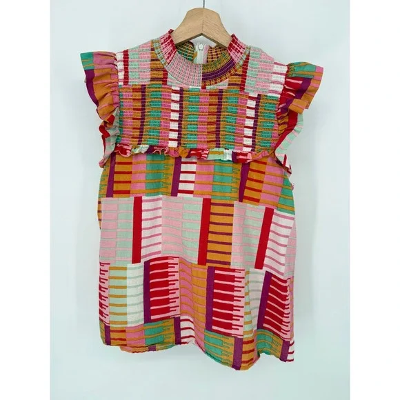 THML Smocked Ruffle Top Womens Medium Multicolor Geometric Patchwork Sleeveless - Picture 1 of 9